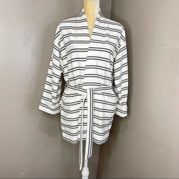 Bathrobe Sz L Waffle White & Black Stripes tie - Picture 11 of 12